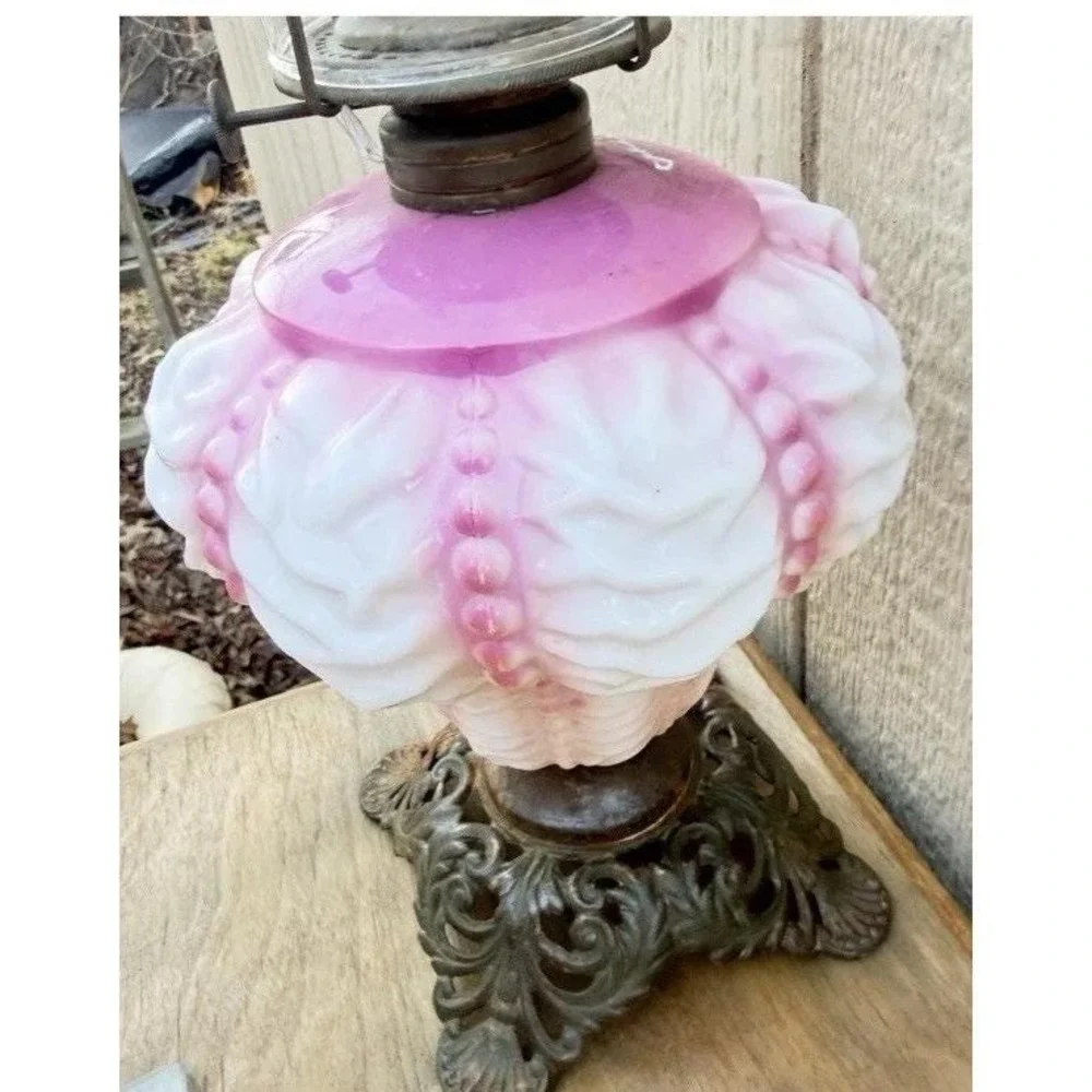 Vintage‎ Antique Fenton Ruffle Pink Cranberry Oil Lamp